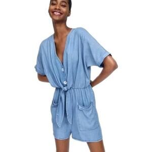 ZARA Light Blue Chambray Tie Front Romper V-Neck Buttoned Women's Large